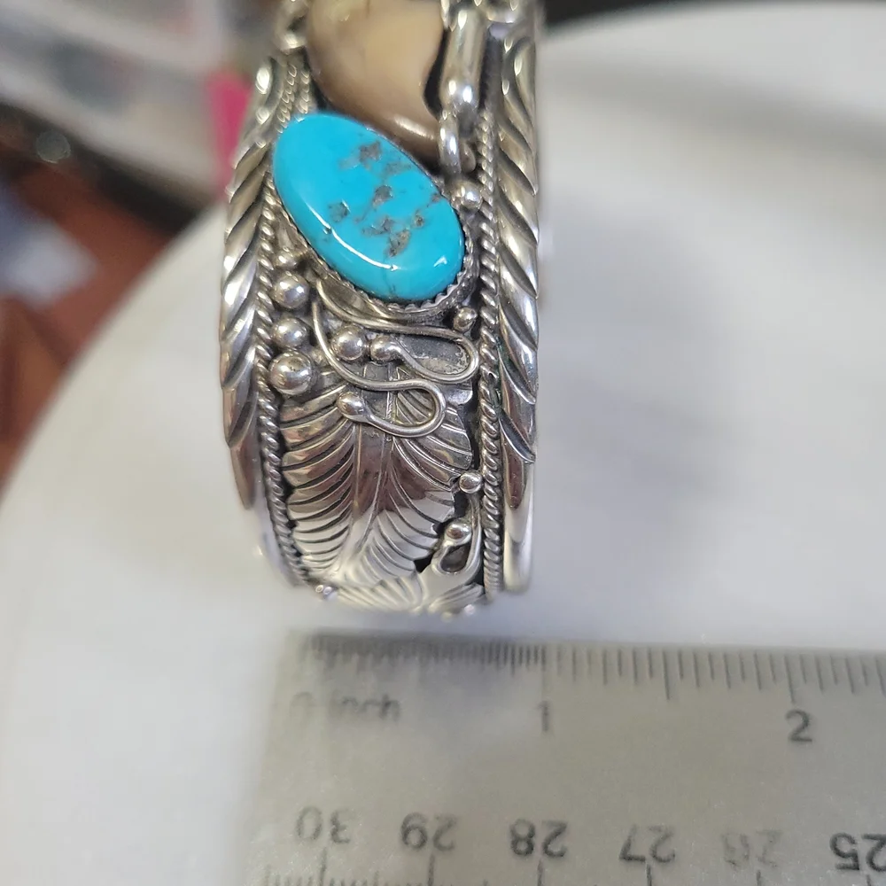 Sterling Silver,Natural Turquoise, Rare Bearclaw "TedJoe" Navajo Cuff Bracelet - Picture 7 of 12